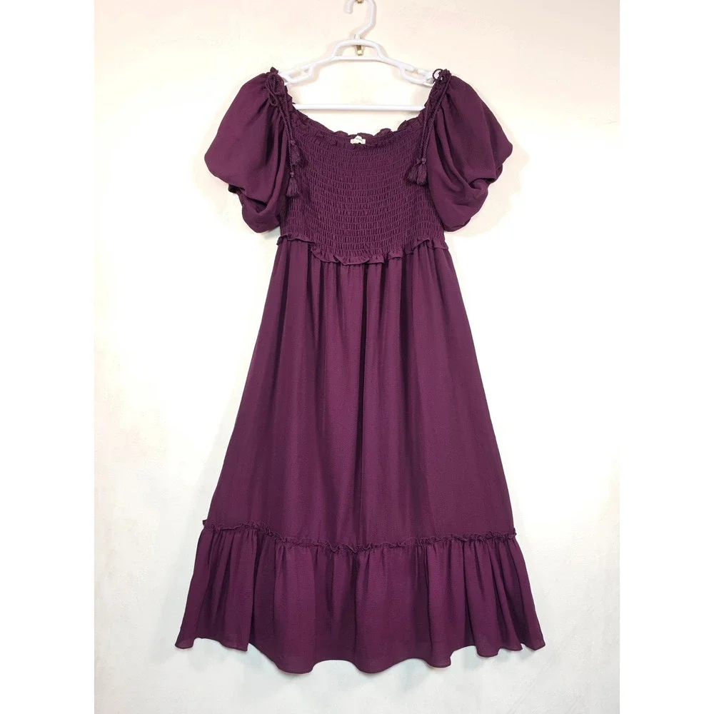 Max Studio‎ Maxi Dress Womens L Purple Boho Cottage Puff Sleeve Tiered Smocked